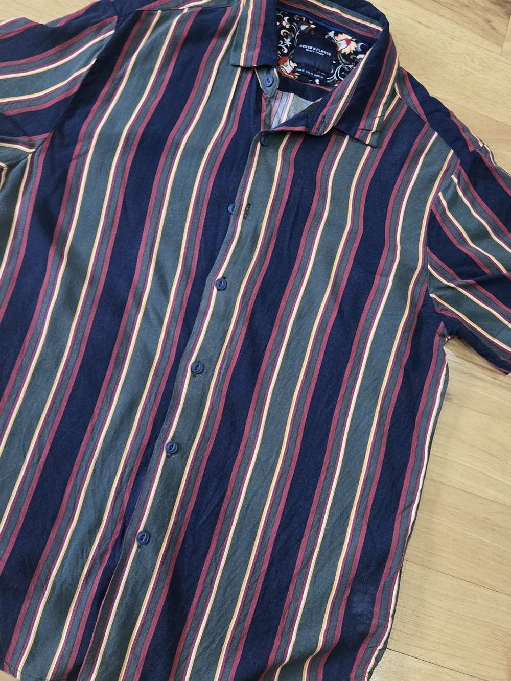 Denim & Flower Striped Short-Sleeve Button-Up Shirt - Navy, Red & Olive